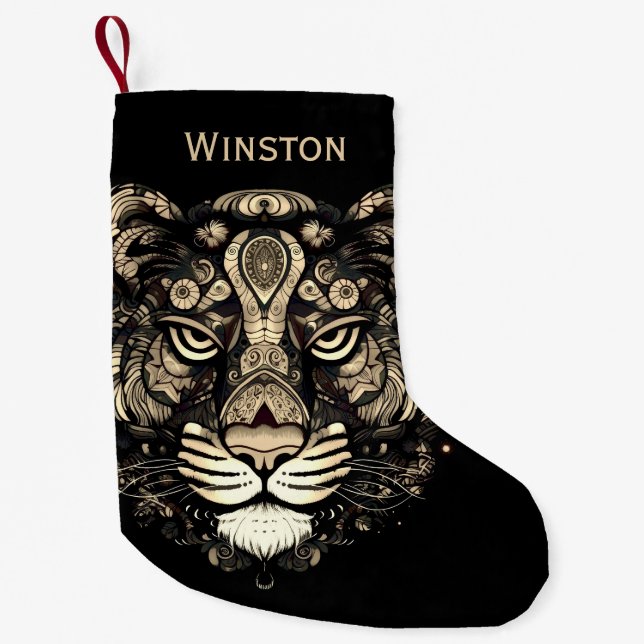 Golden Tiger Head Name Small Christmas Stocking (Front)