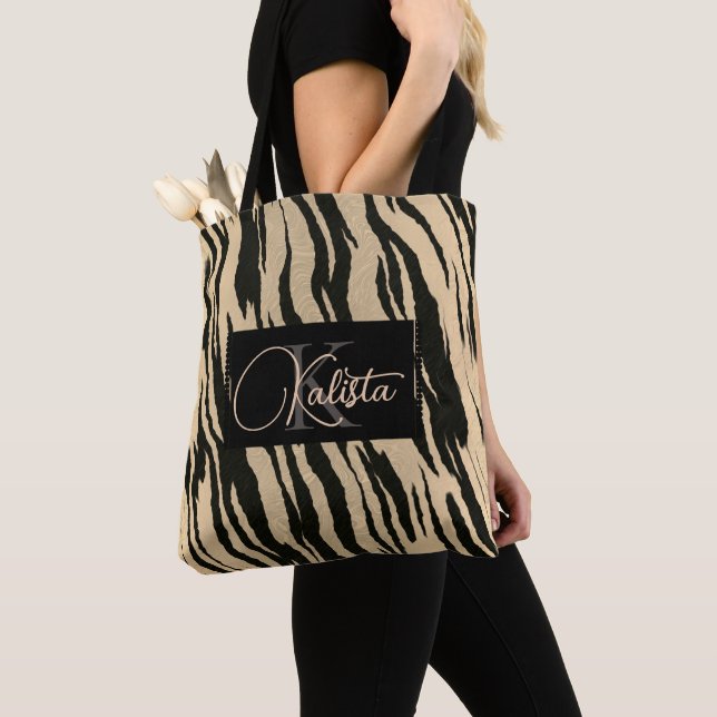 Golden Tiger Print Monogram Tote Bag (Close Up)