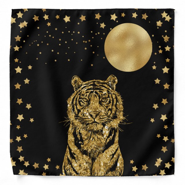 Golden Tiger Stars and Moon on Black Bandana (Front)