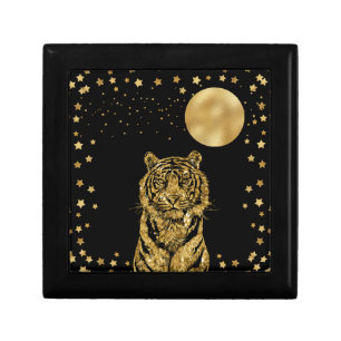 Golden Tiger Stars and Moon on Black Gift Box