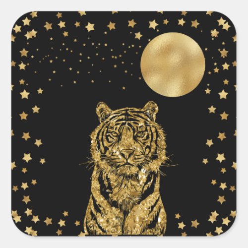 Golden Tiger Stars and Moon on Black Square Sticker