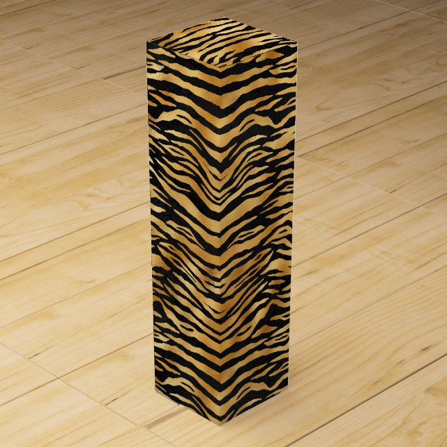Golden Tiger Stripes | Bold Wild Animal Pattern Wine Box (Front)