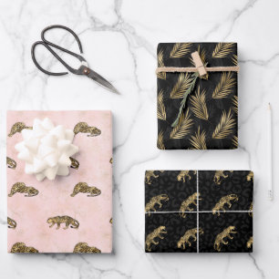 Golden Tigers Pattern Pink Black Elegant Luxury Wrapping Paper Sheets