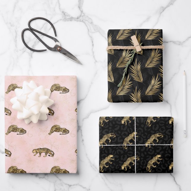 Golden Tigers Pattern Pink Black Elegant Luxury  Wrapping Paper Sheets (Front)