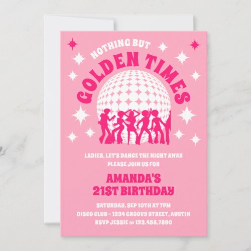 Golden Times Groovy Pink Birthday Party Invitation