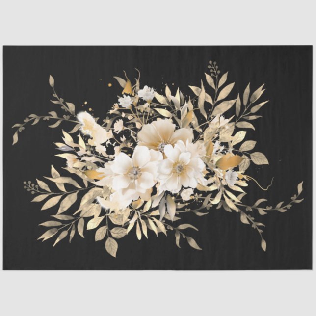 Golden Tone Floral on Black Decoupage Tissue Paper (Front)