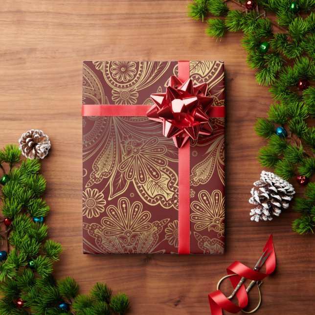 Golden Tones Ornate Paisley Pattern On Red Wrapping Paper (Holiday Gift)
