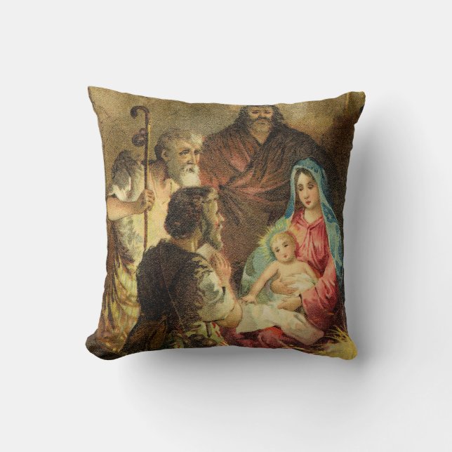 Golden Tones Vintage Nativity Scene Throw Pillow (Front)