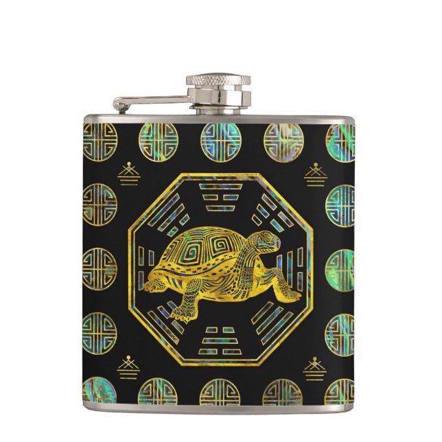 Golden Tortoise / Turtle Feng Shui Abalone Shell Hip Flask (Front)