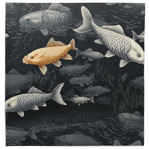 Golden Tranquility Midnight Koi Pond Cloth Napkin