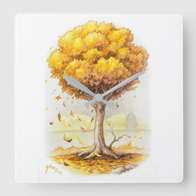 Golden Tranquility Square Wall Clock (Front)
