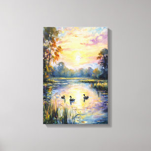 Golden Tranquility Sunset Pond Landscape with Duck Canvas Print