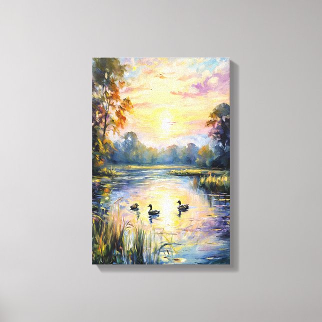 Golden Tranquility Sunset Pond Landscape with Duck Canvas Print (Front)
