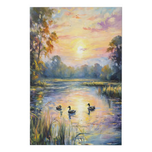 Golden Tranquility Sunset Pond Landscape with Duck Faux Canvas Print