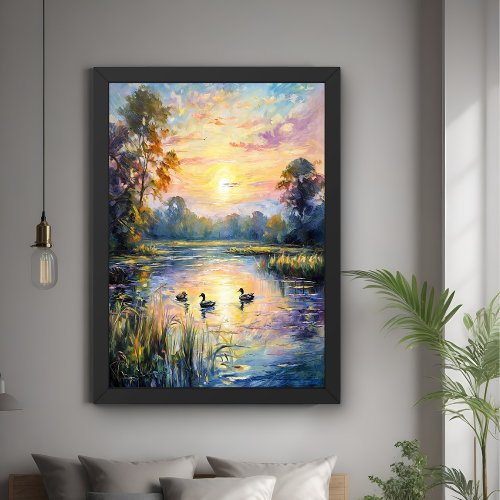 Golden Tranquility Sunset Pond Landscape with Duck Poster