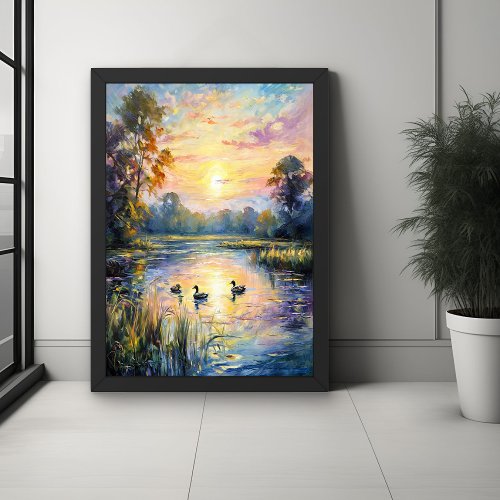 Golden Tranquility Sunset Pond Landscape with Duck Poster