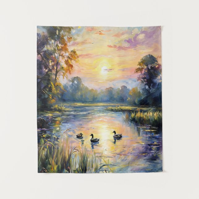 Golden Tranquility Sunset Pond Landscape with Duck Tapestry (Front)