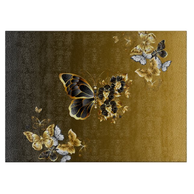 Golden Transformation – Floral Butterfly Artwork Cutting Board (Front)