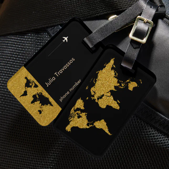 Golden travel world map personalized luggage tag | Zazzle
