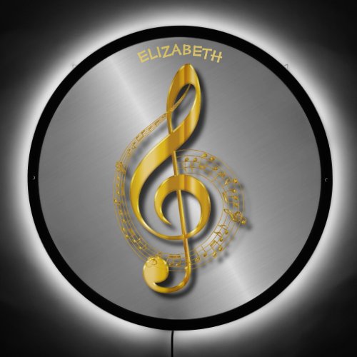 Golden Treble Clef With Notes And Shadows LED Sign