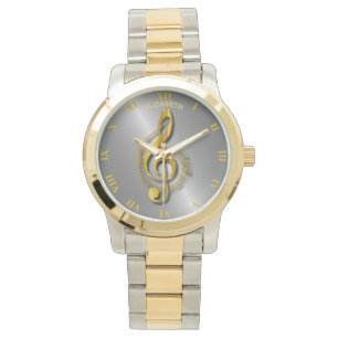 Golden Treble Clef With Notes And Shadows Watch