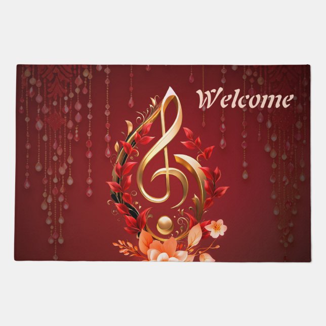 Golden treble clef with red leaves.  doormat (Front)