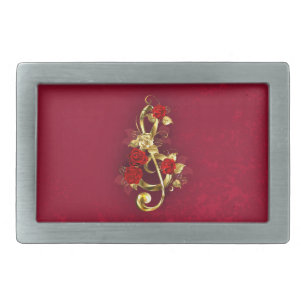 Golden Treble Clef with Rose Flowers Belt Buckle
