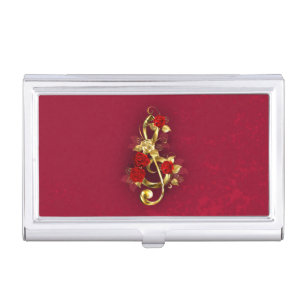 Golden Treble Clef with Rose Flowers Business Card Case