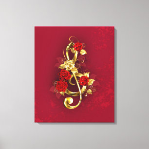 Golden Treble Clef with Rose Flowers Canvas Print