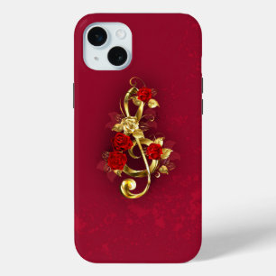 Golden Treble Clef with Rose Flowers iPhone 15 Plus Case