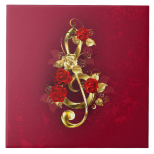 Golden Treble Clef with Rose Flowers Ceramic Tile