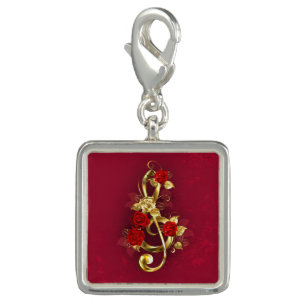Golden Treble Clef with Rose Flowers Charm