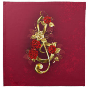 Golden Treble Clef with Rose Flowers Cloth Napkin