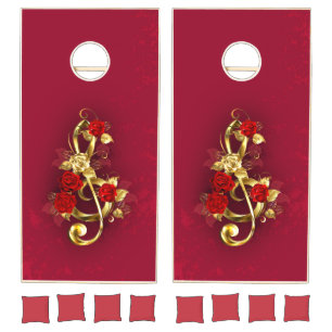 Golden Treble Clef with Rose Flowers Cornhole Set