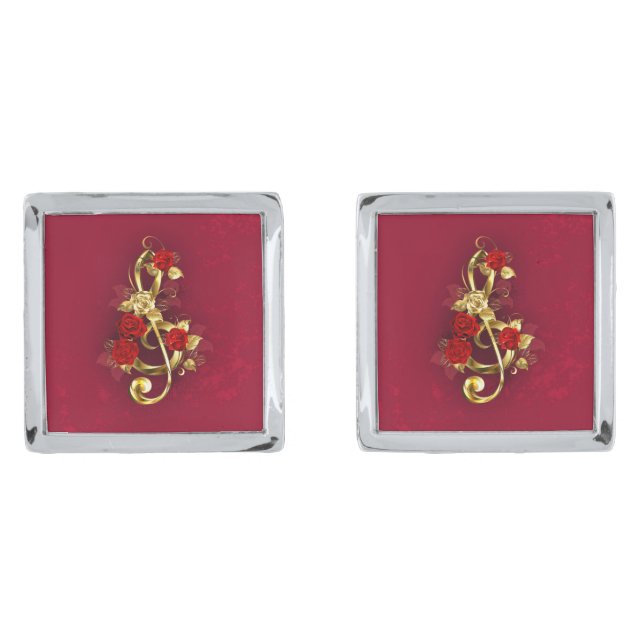 Golden Treble Clef with Rose Flowers Cufflinks (Front)