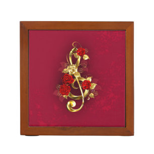 Golden Treble Clef with Rose Flowers Desk Organizer