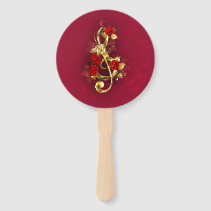 Golden Treble Clef with Rose Flowers Hand Fan