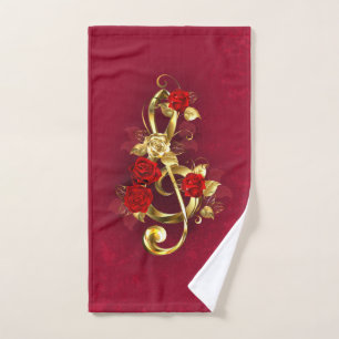 Golden Treble Clef with Rose Flowers Hand Towel
