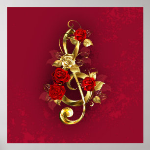 Golden Treble Clef with Rose Flowers Holder