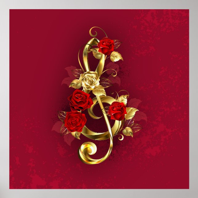 Golden Treble Clef with Rose Flowers Holder (Front)