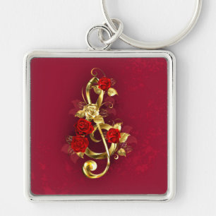 Golden Treble Clef with Rose Flowers Keychain