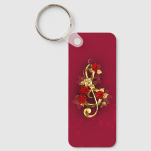 Golden Treble Clef with Rose Flowers Keychain