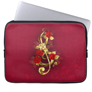 Golden Treble Clef with Rose Flowers Laptop Sleeve