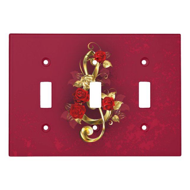 Golden Treble Clef with Rose Flowers Light Switch Cover (Front)