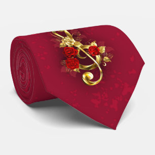 Golden Treble Clef with Rose Flowers Neck Tie