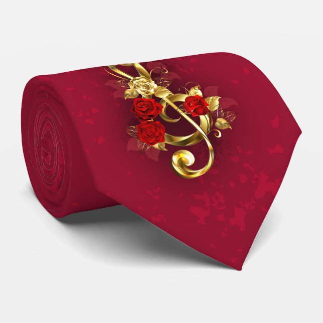 Golden Treble Clef with Rose Flowers Neck Tie (Rolled)