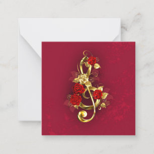 Golden Treble Clef with Rose Flowers Note Card