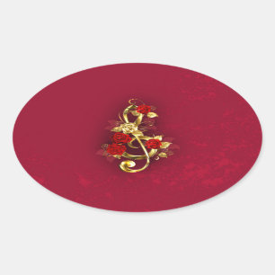 Golden Treble Clef with Rose Flowers Oval Sticker