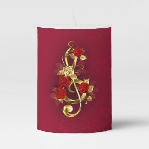 Golden Treble Clef with Rose Flowers Pillar Candle