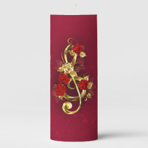 Golden Treble Clef with Rose Flowers Pillar Candle